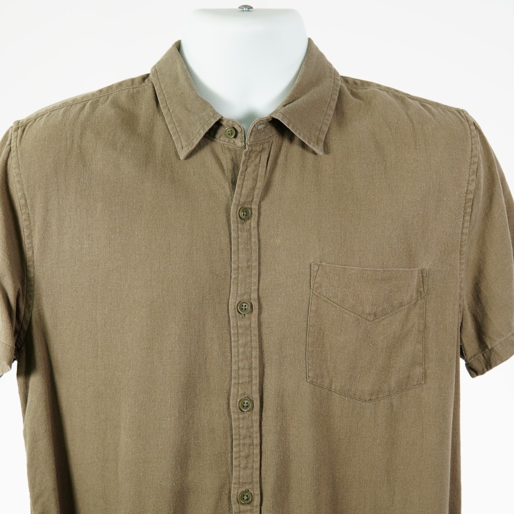 Lucky Brand Men's Medium Green Linen Viscose Collared Dress Shirt Short Sleeve